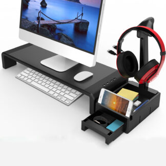 Adjustable Computer Monitor Stand With Optional Headphone Hook & Desk Organizer